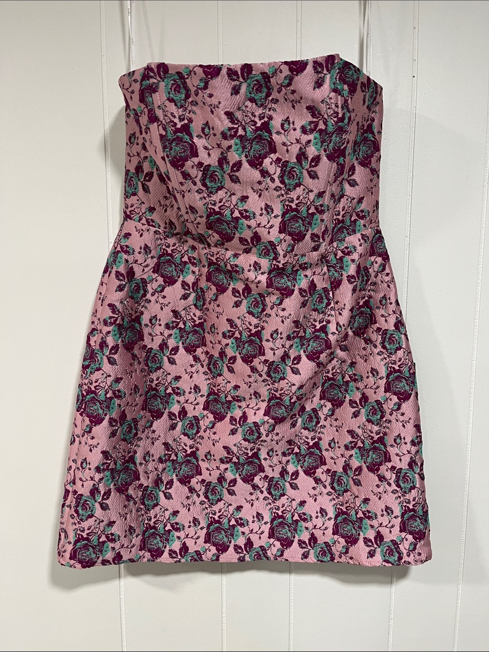 Lulu's Pink Floral Strapless Jacquard Mini Dress with Teal Accents